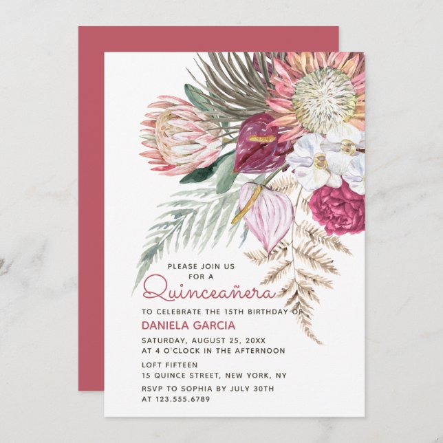 Protea Watercolor Floral Bouquet Quinceañera Invitation (Front/Back)