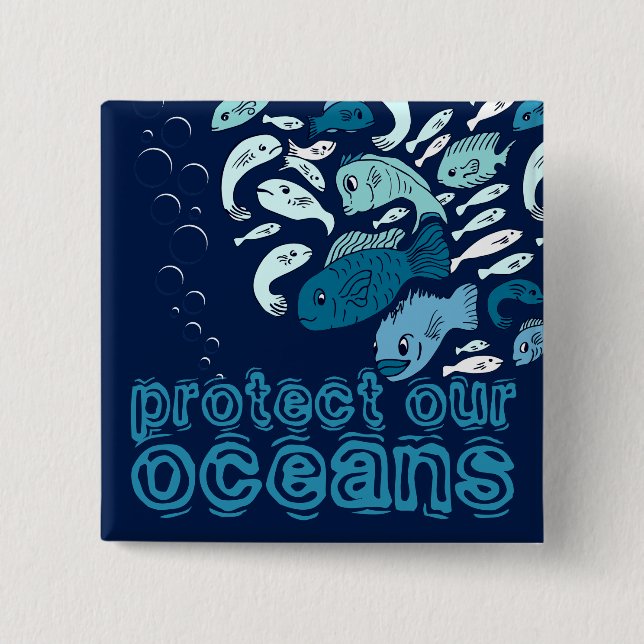 Protect our Oceans Blue Fish Button (Front)