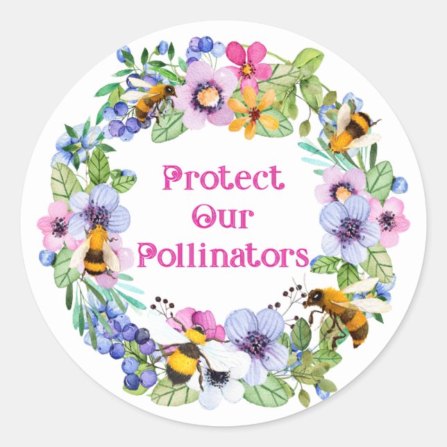 Protect Our Pollinators Bees Flowers Classic Round Sticker (Front)