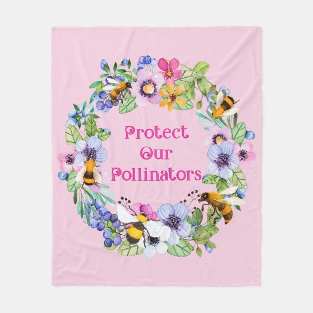Protect Our Pollinators Bees Flowers Fleece Blanket (Front)