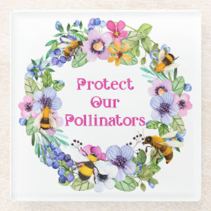 Protect Our Pollinators Bees Flowers Glass Coaster