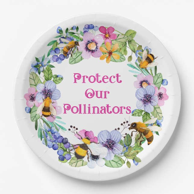 Protect Our Pollinators Bees Flowers Paper Plate (Front)