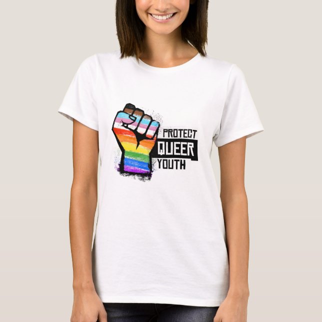 Protect Queer Youth - Progress Pride Fist T-Shirt (Front)