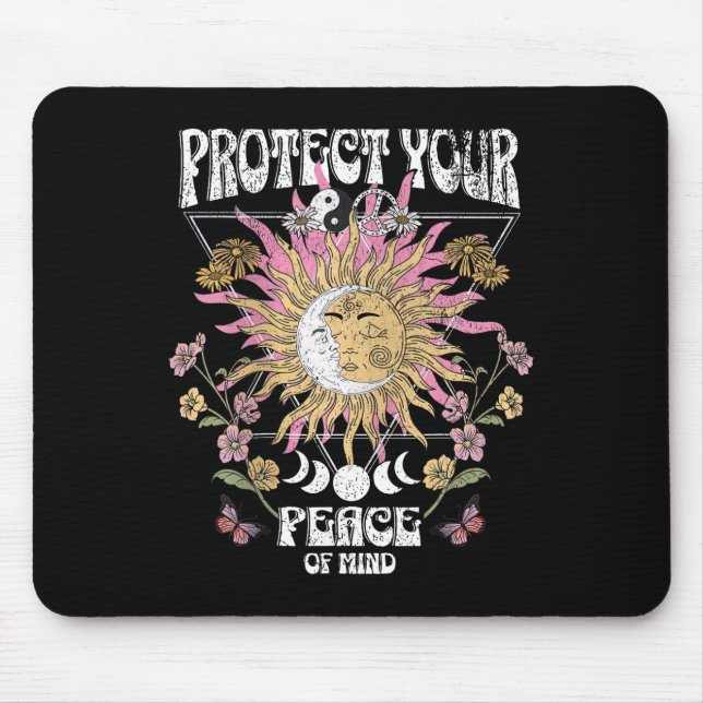Protect Your Peace Celestial Sun Moon Retro Mental Mouse Pad (Front)