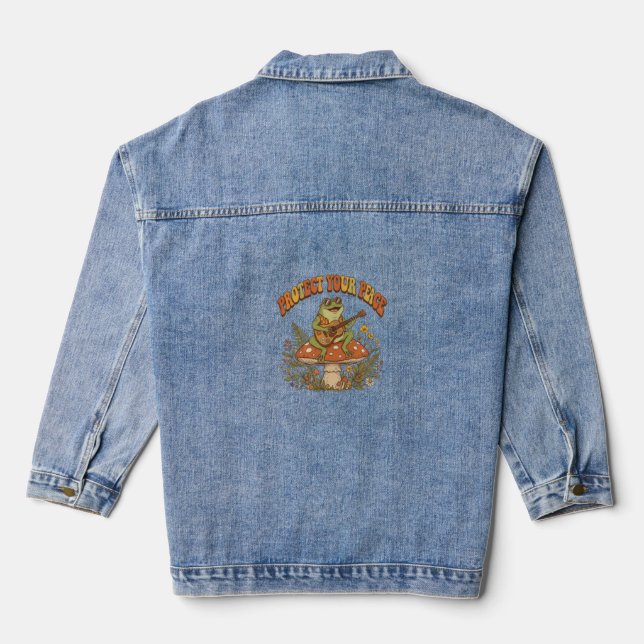 Protect Your Peace Retro Frog Guitar Mushroom Denim Jacket (Back)
