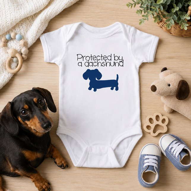 Protected by a Dachshund (blue) Baby Bodysuit (Wiener dog baby shower gift, - funny outfit Protected by a Dachshund (blue) Baby Bodysuit)