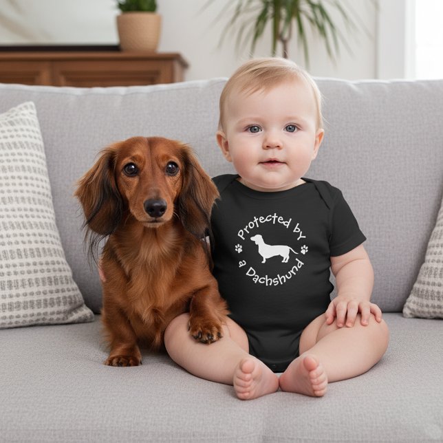 Protected by a Dachshund - Doxie Baby Outfit Baby Bodysuit (Protected by a dachshund - funny baby shower doxie gift)
