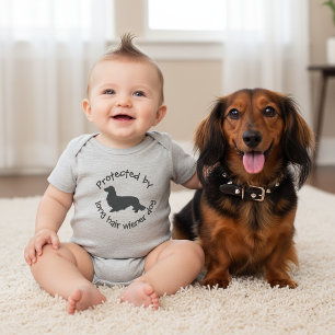 Protected by a Long Hair Wiener Dog Baby Outfit  Baby Bodysuit