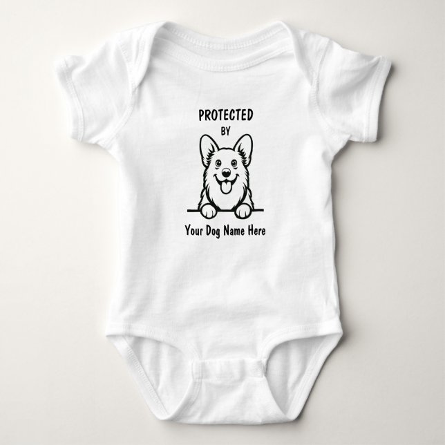 Protected by Corgi Dog, Custom Dog Name Baby Bodysuit (Front)
