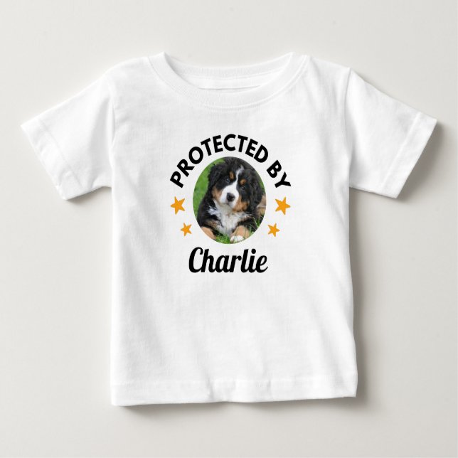  "Protected By" Custom Dog Name and Photo Baby T-Shirt (Front)