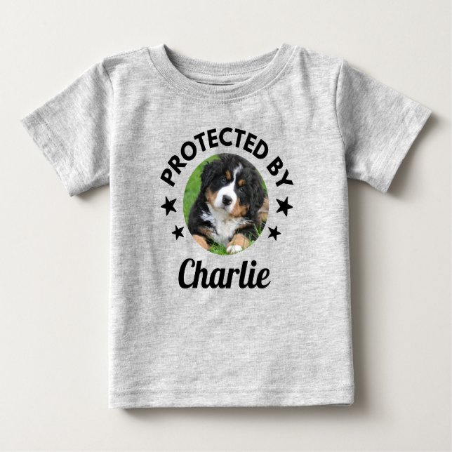  "Protected By" Custom Dog Name and Photo Baby T-Shirt (Front)