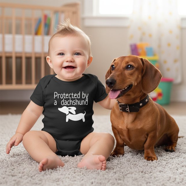 Protected by Dachshund Baby Outfit Gender Neutral Baby Bodysuit (Funny Dachshund newborn baby outfit - Protected by a dachshund - great baby shower gift)