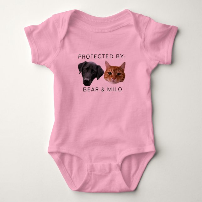 Protected By Dog Custom Dog Cat Name Photo Pink Baby Bodysuit (Front)