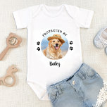 Protected By Dog Personalised Photo  Baby Bodysuit<br><div class="desc">Protected By, Dog Security ! Let everyone know of your best dog and newly appointed guard dog in the welcoming home of your new baby with this cute dog baby clothes. “Protected By... your dogs name" with paw print. Perfect baby shower gift to a dog mum, this dog lover baby...</div>