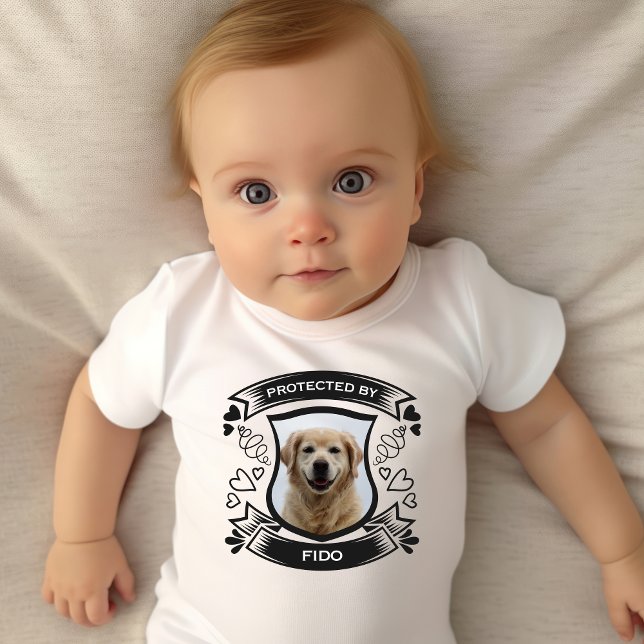 Protected By Dog Shield Photo Banner Name Baby Bodysuit (Creator Uploaded)