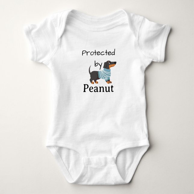 Protected By Peanut (Name) Dachshund Baby Bodysuit (Front)