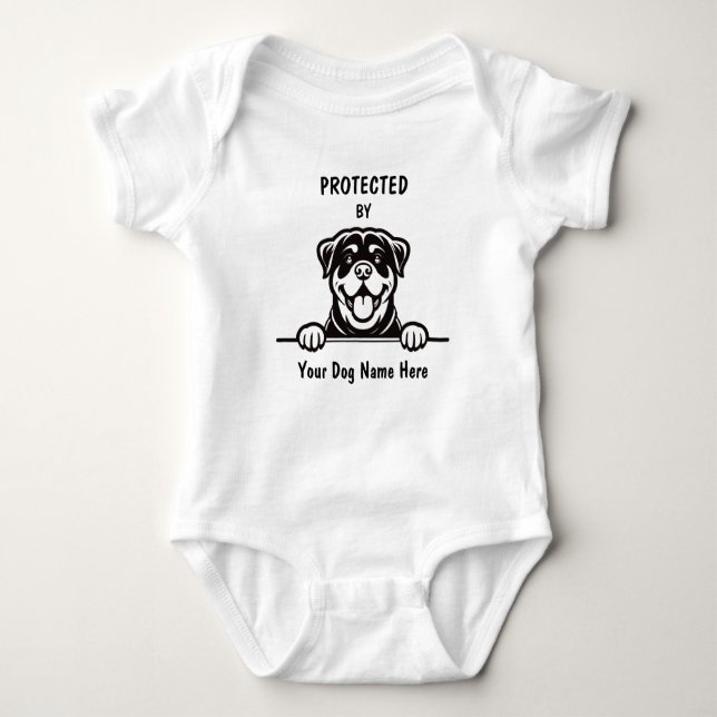  Protected by Rottweiler Dog, Custom Dog Name Baby Bodysuit (Front)