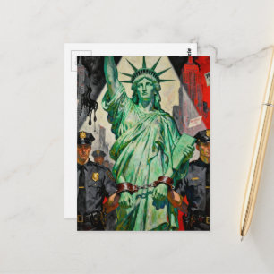 protesting lady liberty arrested by police surreal postcard