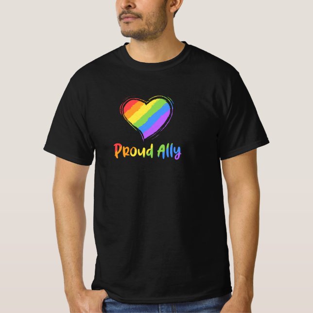 Proud Ally LGBT Rainbow Heart Gay Pride Month T-Shirt (Front)