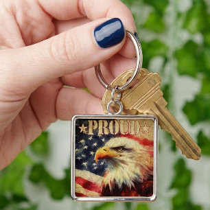 Proud American. Bald Eagle and United States Flag Key Ring