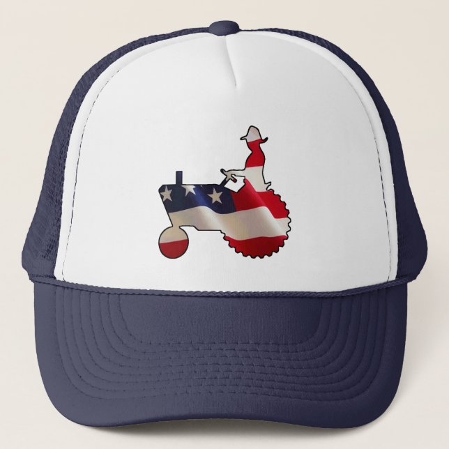 Proud American Farmer  USA Flag Tractor Trucker Hat (Front)