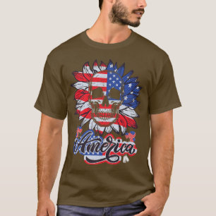 Proud American Flag 4th Of Juli Sunflower Skull Pr T-Shirt