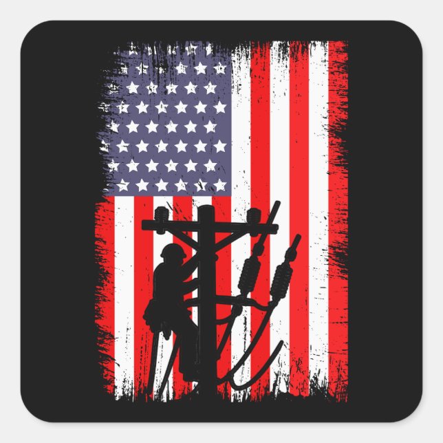 Proud American Lineman Patriotic Utility Worker Square Sticker (Front)