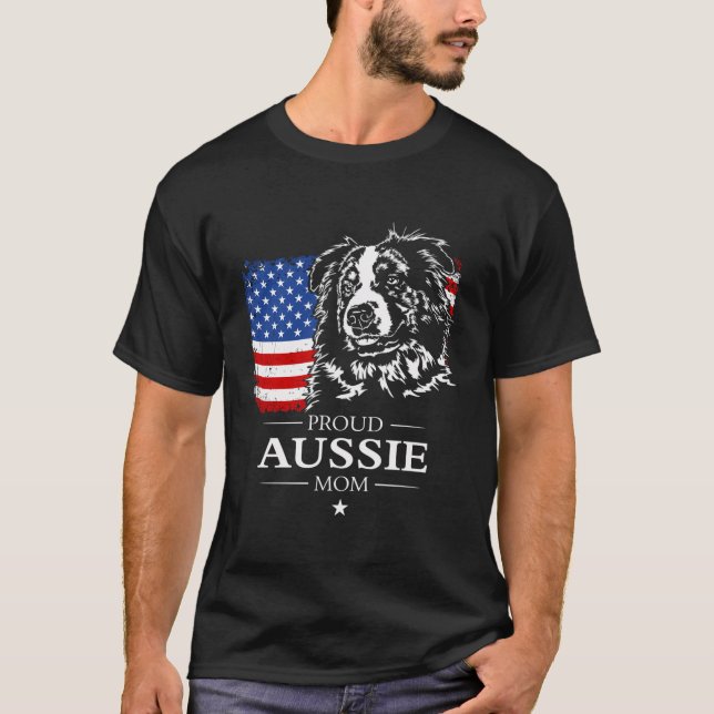 Proud Aussie Shepherd Mum American Flag Patriotic  T-Shirt (Front)
