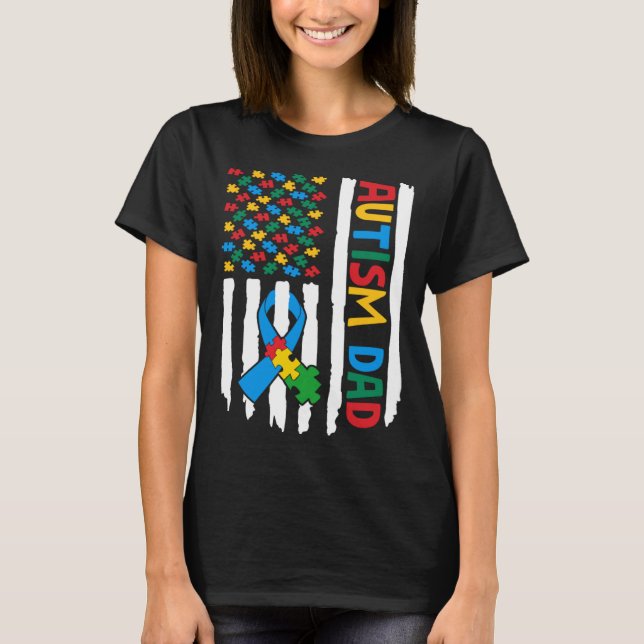 Proud Autism Dad American Flag Puzzle Piece Autism T-Shirt (Front)