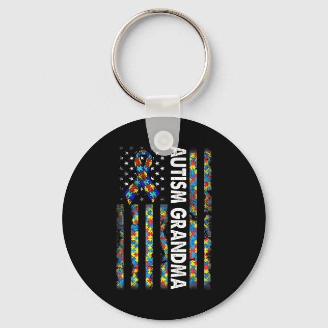 Proud Autism Grandma American Flag Autism Awarenes Key Ring (Front)