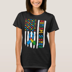 Proud Autism Sister USA Flag Puzzle Piece Autism A T-Shirt