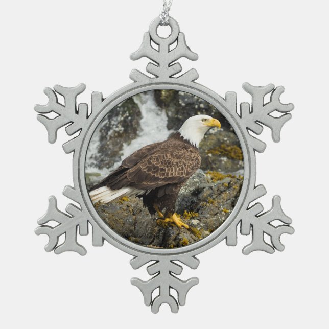 Proud Bald Eagle Snowflake Pewter Christmas Ornament (Front)