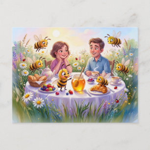 Proud bees circling breakfast honey in comic illus postcard