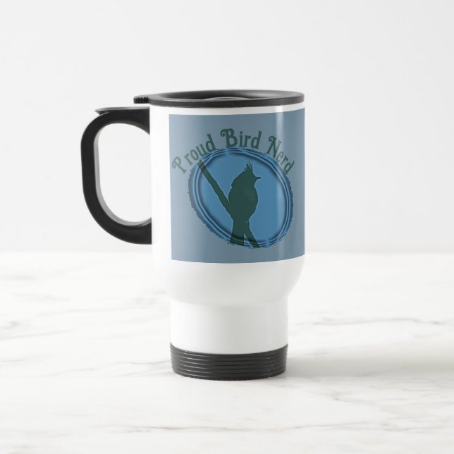 Proud Bird Nerd Silhouette Blue Grey Birder Travel Mug (Left)