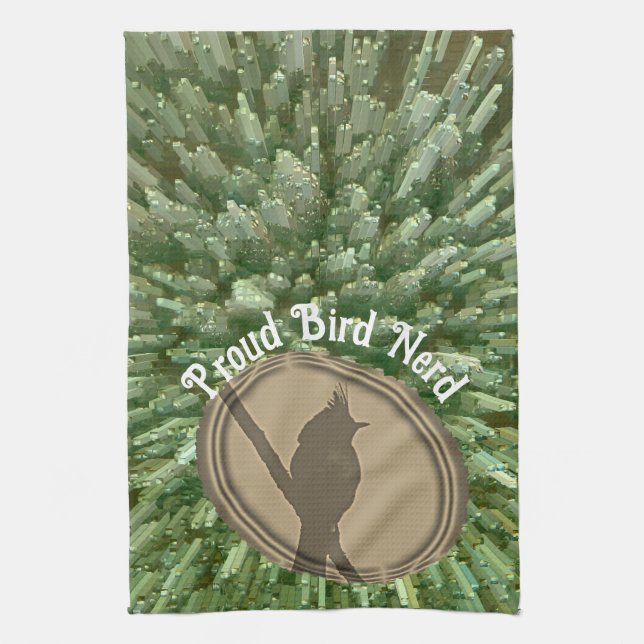 Proud Bird Nerd Silhouette Brown Green Birder Tea Towel (Vertical)