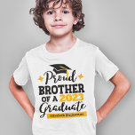 Proud Brother 2022 graduate black gold cap name T-Shirt<br><div class="desc">Celebrate your brother's or sister's graduation with this modern t-shirt featuring a "Proud BROTHER of a 2022 Graduate" typography in black and gold; easily customise this t-shirt with the graduation year and the name of the graduate by editing the template fields. This t-shirt is part of our "Graduation Family Matching...</div>
