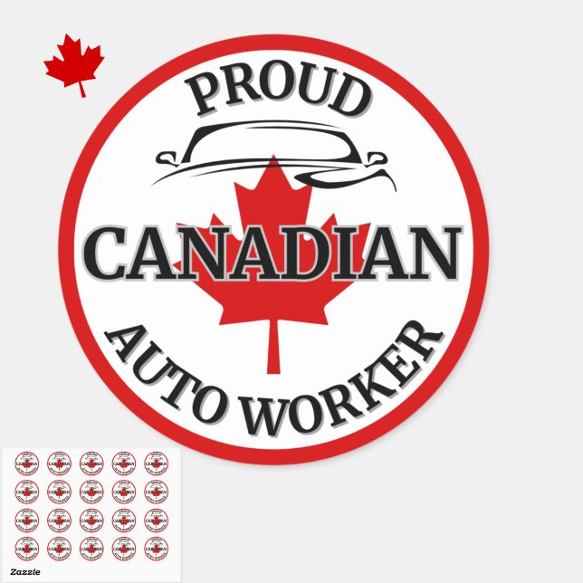 Proud Canadian Auto Worker Maple Leaf Canada  Classic Round Sticker (Show your Canadian Auto Worker pride with these patriotic maple leaf stickers. Elbows up, Canada.)
