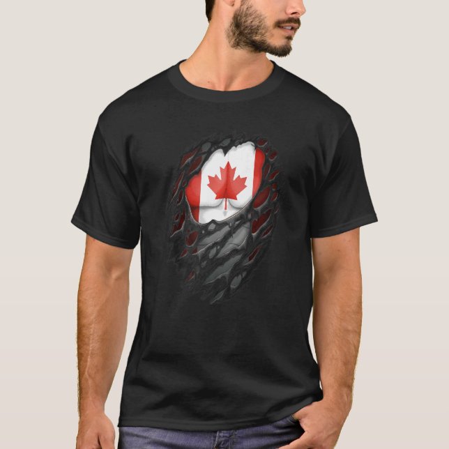 Proud Canadian Roots Torn Ripped Canada Flag T-Shirt (Front)