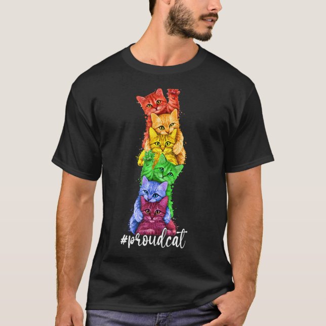 Proud Cat Stack Rainbow Gay Pride Lgbt Animals Kit T-Shirt (Front)
