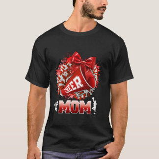 Proud Cheer Mum Red Pom Pom Megaphone Coquette Bow T-Shirt
