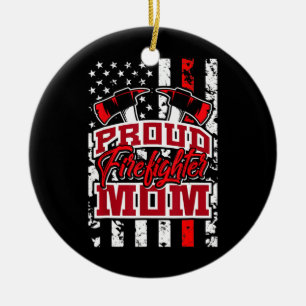 Proud Firefighter Mum Red Thin Line American Flag Ceramic Tree Decoration