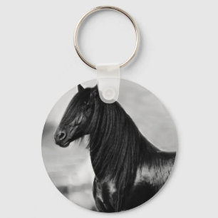 Proud Friesian black stallion horse Key Ring
