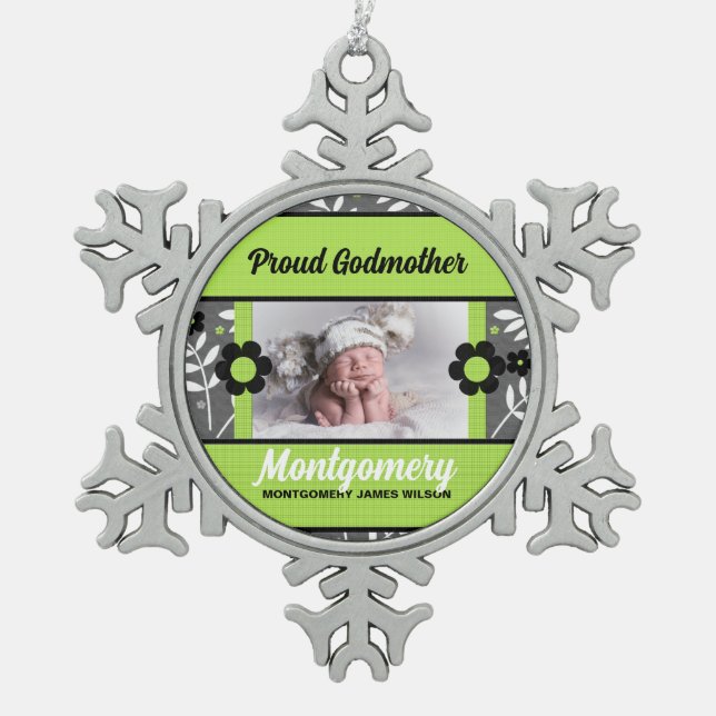 Proud Godmother Green and Grey Photo Snowflake Pewter Christmas Ornament (Front)