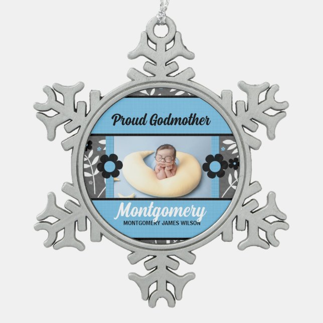 Proud Godmother Photo Ornament | Blue Christmas (Front)