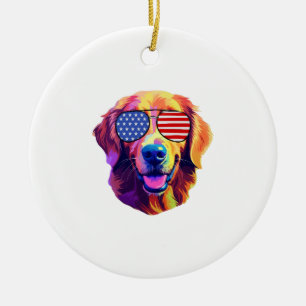Proud Golden Retriever American Flag sunglasses Ceramic Tree Decoration