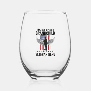 Proud Grandchild of a Veteran Hero Patriotic Desig Stemless Wine Glass