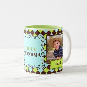 Proud GRANDMA Green and Brown 2 Photo Two-Tone Coffee Mug