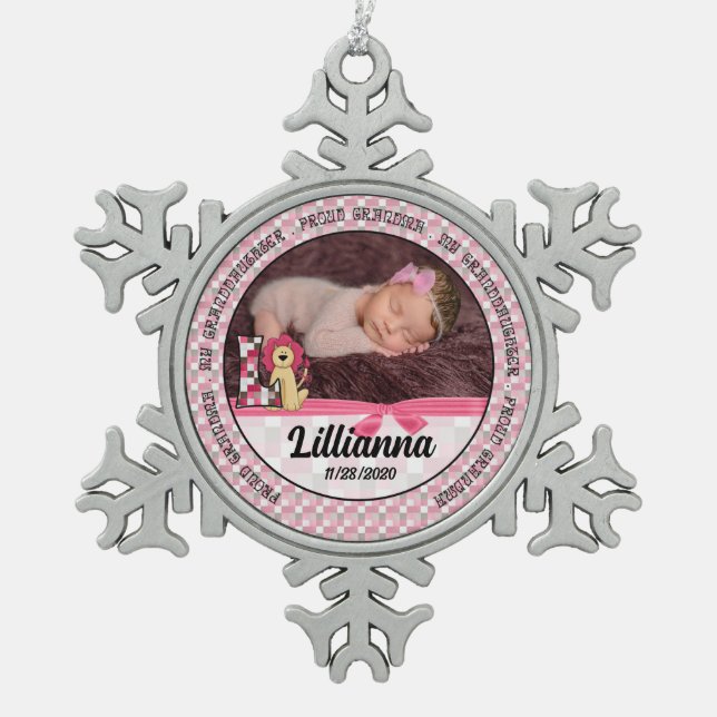 Proud Grandma Monogram L Pink New Baby Photo Snowflake Pewter Christmas Ornament (Front)