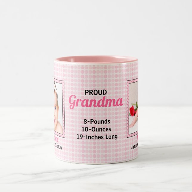 Proud Grandma Pink Polka Dots with Two Baby Photos Two-Tone Coffee Mug (Center)