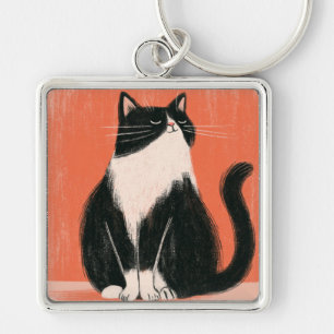 Proud Minimalist Tuxedo Cat on Orange Key Ring